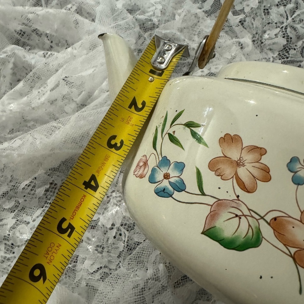 VTG Floral MCM Enamel Wood Handle Teapot Kettle Cottagecore Shabby Chic Patina - Picture 6 of 16